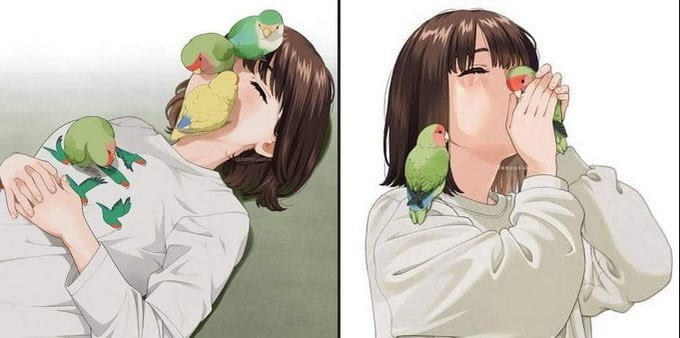 anime girl sniffing birds