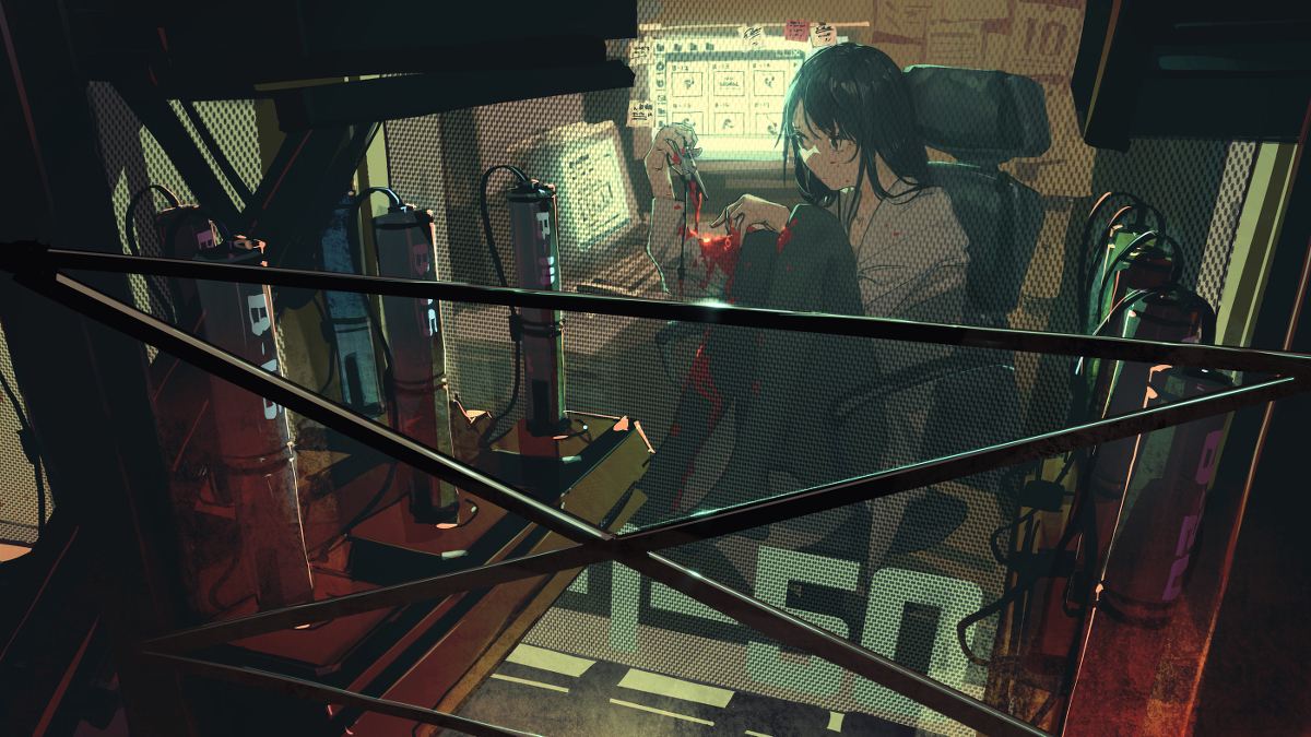 girl in lab on chair in front of computer with vertical vials of blood all around her